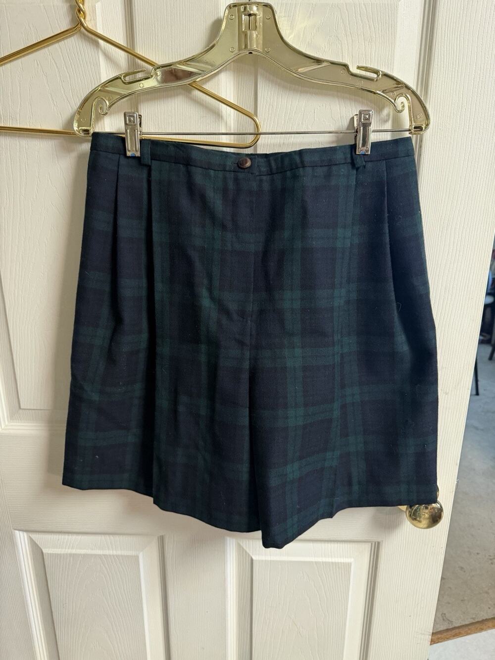 Harve Med 12 P Wool Tartan Plaid High Waisted Vnt Shorts Prep Green Blue 30x19